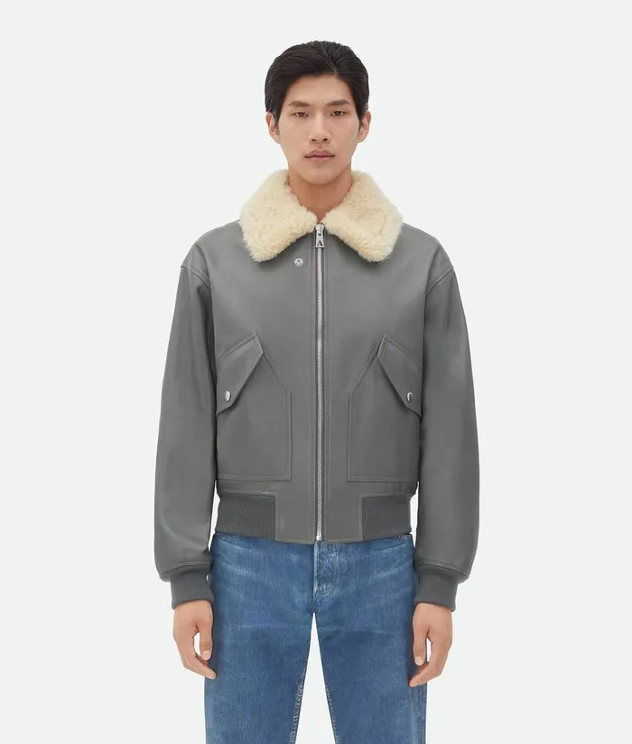 Men Bottega Veneta Leather Leather Jacket With Shearling Collar Cement