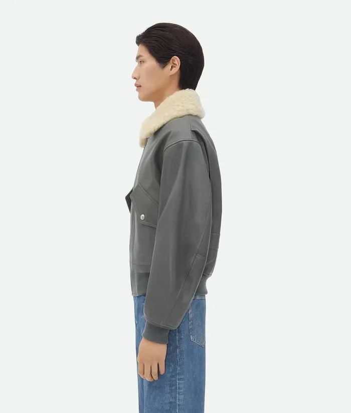 Men Bottega Veneta Leather Leather Jacket With Shearling Collar Cement