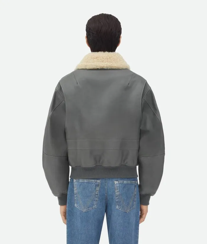 Men Bottega Veneta Leather Leather Jacket With Shearling Collar Cement