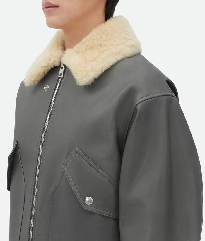 Men Bottega Veneta Leather Leather Jacket With Shearling Collar Cement