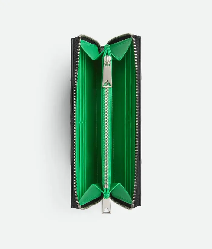 Men Bottega Veneta Long Wallets Cassette Zip Around Wallet Black Parakeet