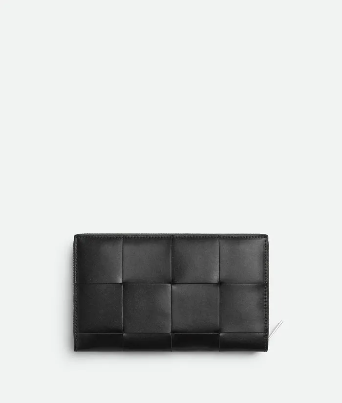 Men Bottega Veneta Long Wallets Cassette Zip Around Wallet Black Parakeet