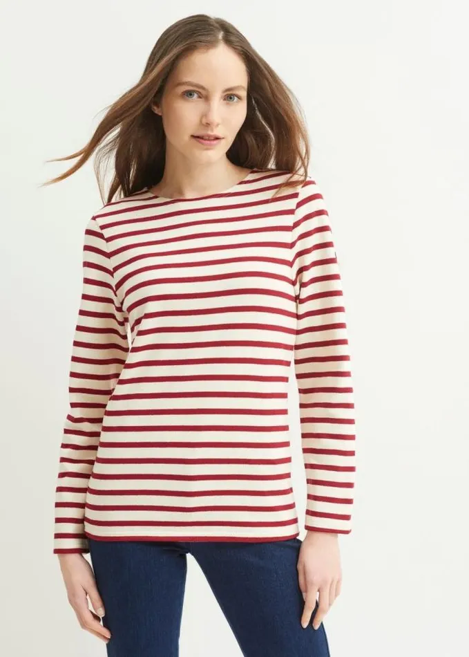 Men Breton Striped Shirts Saint James MERIDIEN MODERNE Ecru Maroon