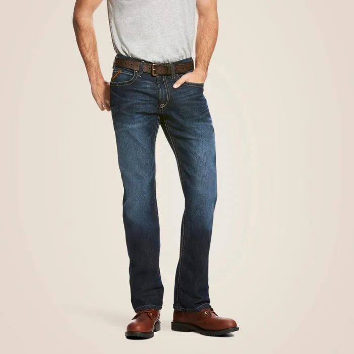 Men Denim Ariat Rebar M4 Low Rise DuraStretch Edge Boot Cut Jean Maritime