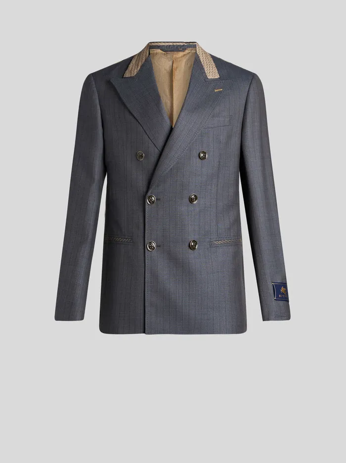 Men Etro Jackets DoubleBreasted Wool Blazer Navy Blue