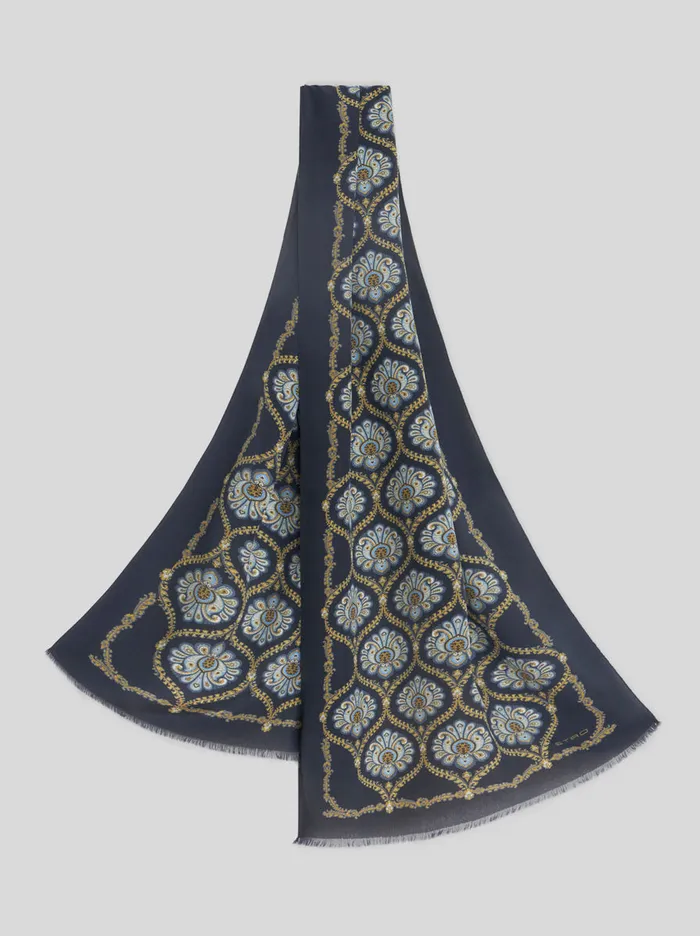 Men Etro Scarves Printed Silk Scarf Navy Blue