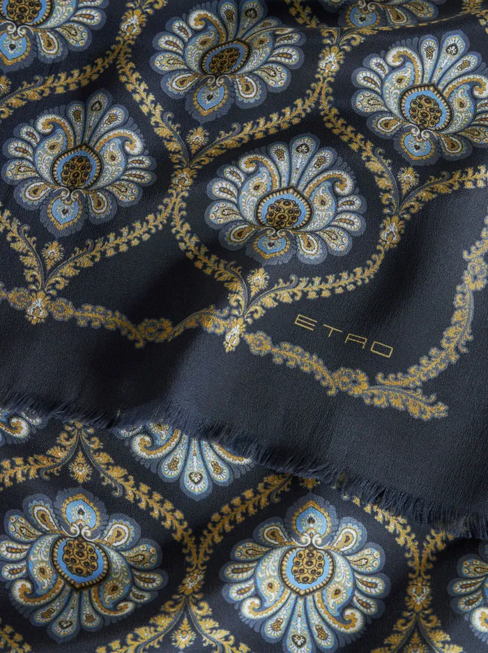 Men Etro Scarves Printed Silk Scarf Navy Blue Men Etro Scarves Printed Silk Scarf Navy Blue