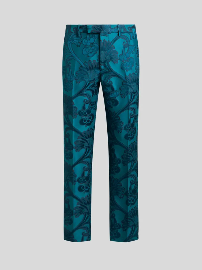 Men Etro Trousers Floral Leafy Evening Trousers Light Blue