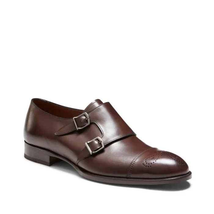 Men Leather DoubleBuckle Derby Shoe Mahogany Fratelli Rossetti LaceUp Shoes