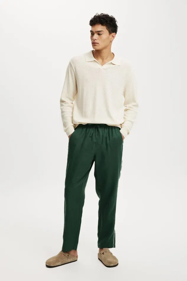 Men Pants Cotton On Linen Pant Trekking Green Piping