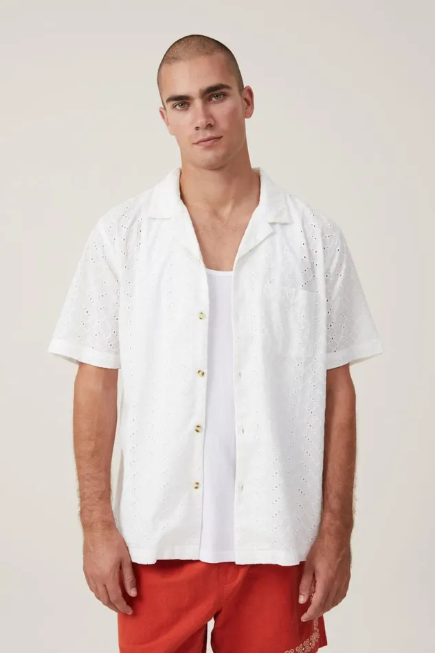 Men Shirts and Polos Cotton On Capri Short Sleeve Shirt White Broiderie