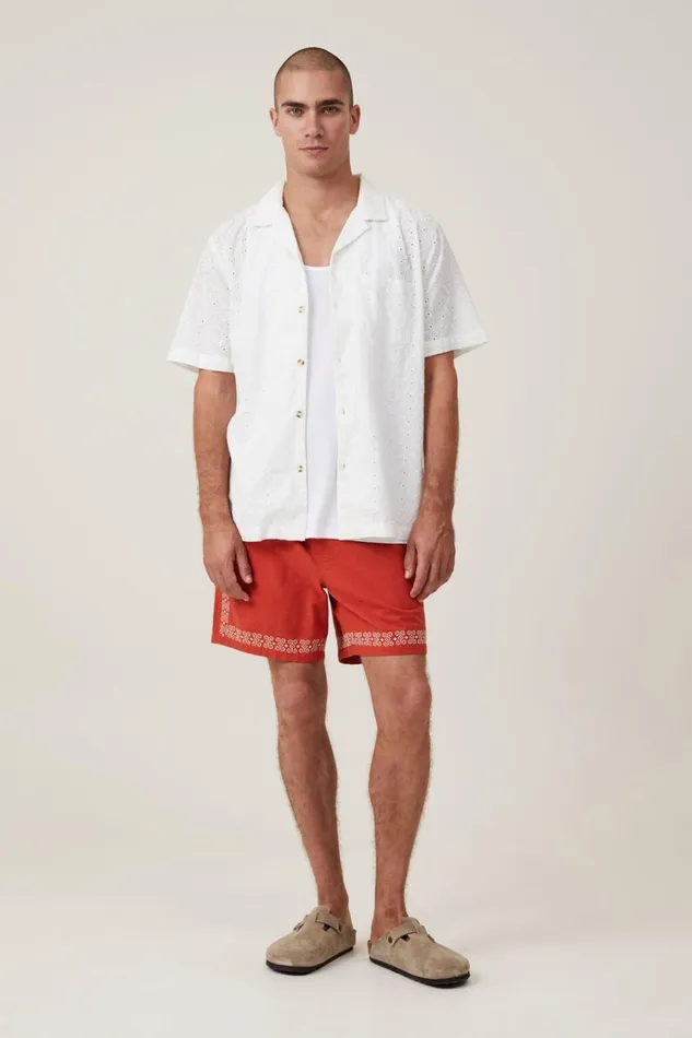 Men Shirts and Polos Cotton On Capri Short Sleeve Shirt White Broiderie