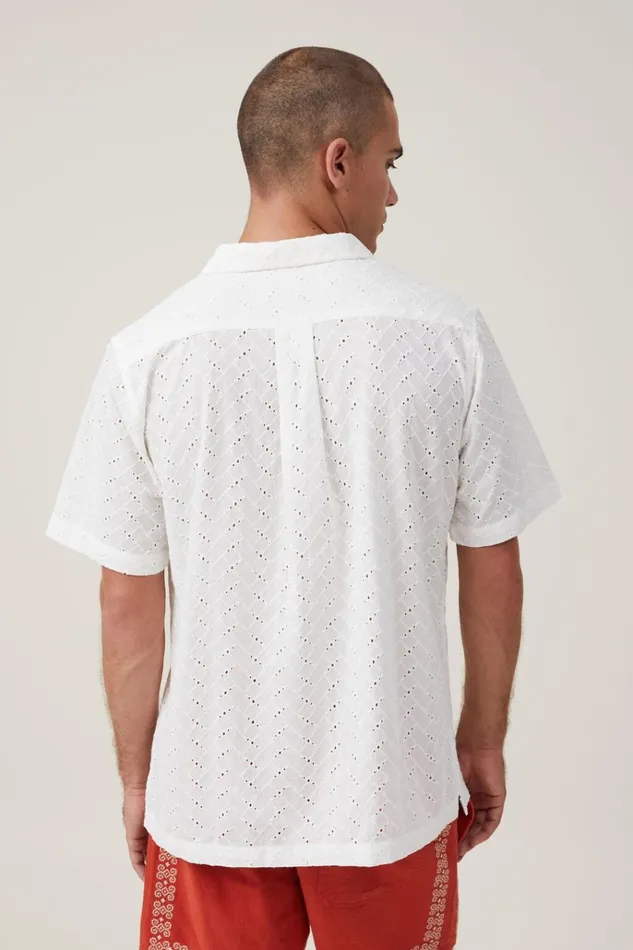 Men Shirts and Polos Cotton On Capri Short Sleeve Shirt White Broiderie