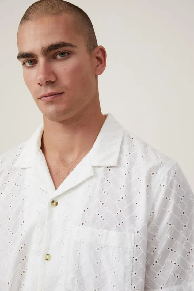 Men Shirts and Polos Cotton On Capri Short Sleeve Shirt White Broiderie