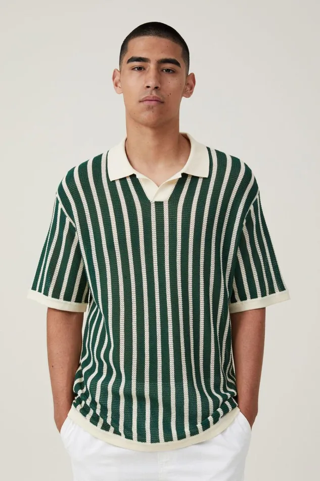 Men Shirts and Polos Cotton On Resort Short Sleeve Polo Green Stripe