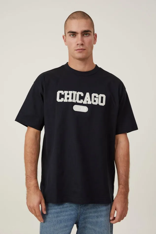 Men Tees and Tanks Cotton On Box Fit College TShirt Black Chicago