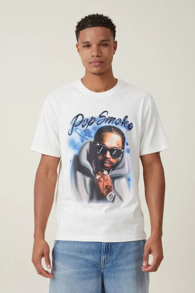 Men Tees and Tanks Cotton On Loose Fit Music TShirt Lcn Bra Vintage Whitepop Smoke 8211 Airbrush