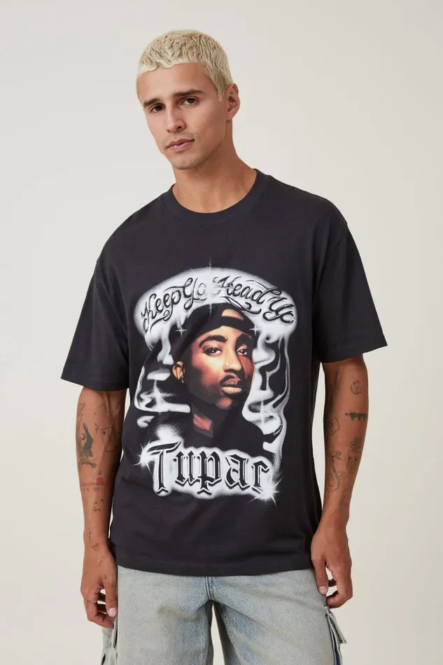 Men Tees and Tanks Cotton On Loose Fit Music TShirt Lcn Bra Washed Blacktupac 8211 Airbrush