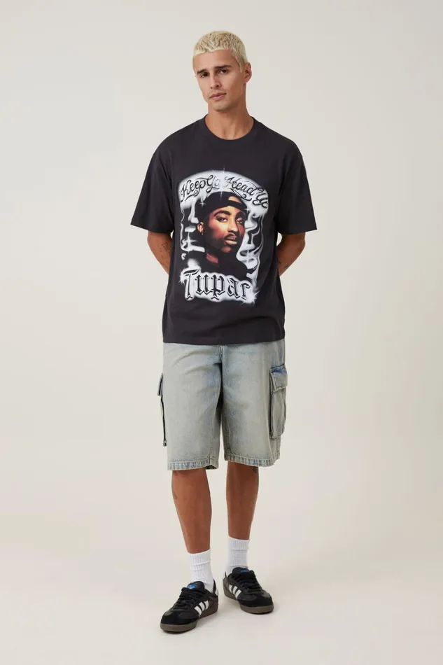 Men Tees and Tanks Cotton On Loose Fit Music TShirt Lcn Bra Washed Blacktupac 8211 Airbrush
