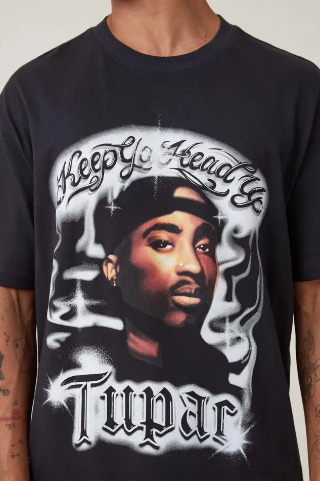 Men Tees and Tanks Cotton On Loose Fit Music TShirt Lcn Bra Washed Blacktupac 8211 Airbrush
