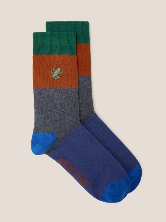 Men White Stuff Socks Frog Embroidered Ankle Sock Grey Multi