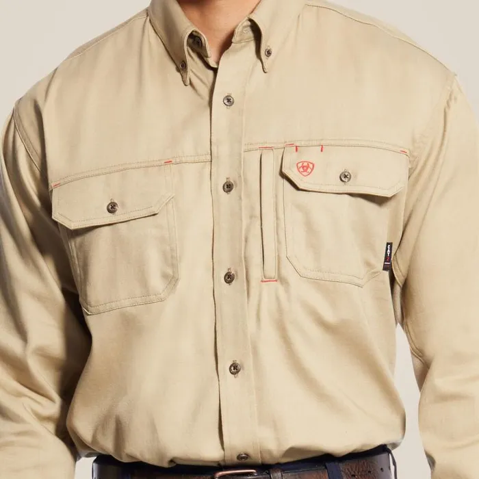 Men Workwear Ariat FR Solid Vent Work Shirt Khaki Men Workwear Ariat FR Solid Vent Work Shirt Khaki