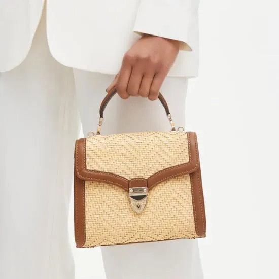 Midi Mayfair Bag Natural Chevron Raffia and Smooth Tan Women Aspinal Of London Shoulder