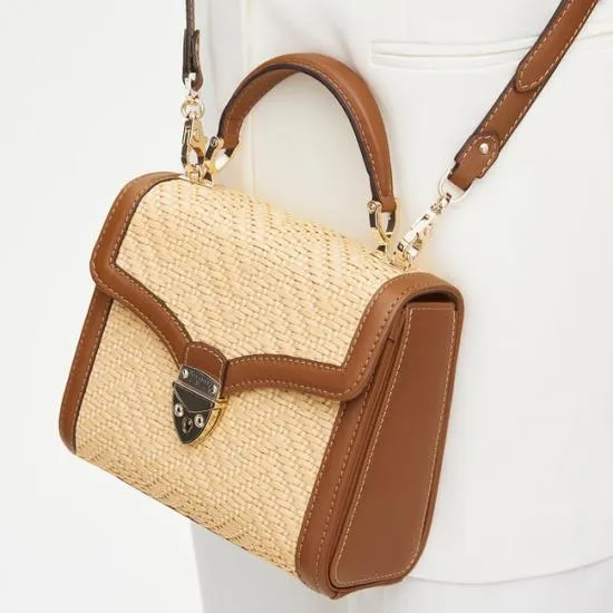 Midi Mayfair Bag Natural Chevron Raffia and Smooth Tan Women Aspinal Of London Shoulder
