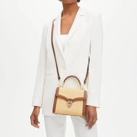 Midi Mayfair Bag Natural Chevron Raffia and Smooth Tan Women Aspinal Of London Shoulder