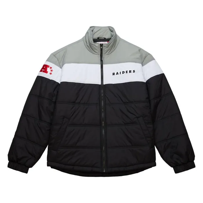Mitchell and Ness In The Clutch Puffer Jacket Vintage Logo Oakland Raiders Men Jackets and Outerwear Mitchell and Ness In The Clutch Puffer Jacket Vintage Logo Oakland Raiders Men Jackets and Outerwear