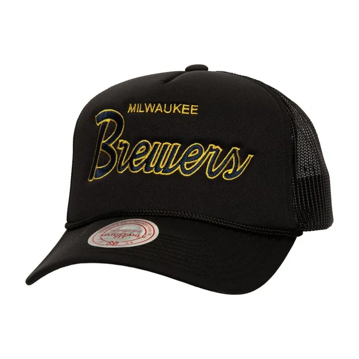 Mitchell and Ness Script Trucker Milwaukee Brewers Men Hats and Headwear