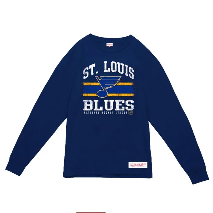 Mitchell and Ness Striped Logo Lockup Slub LS Tee St Louis Blues Men TShirts and Tops Mitchell and Ness Striped Logo Lockup Slub LS Tee St Louis Blues Men TShirts and Tops