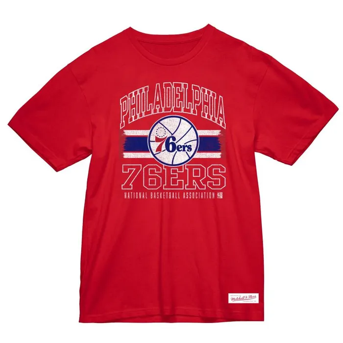Mitchell and Ness Striped Logo Lockup Slub Tee Philadelphia 76ers Men TShirts and Tops Mitchell and Ness Striped Logo Lockup Slub Tee Philadelphia 76ers Men TShirts and Tops