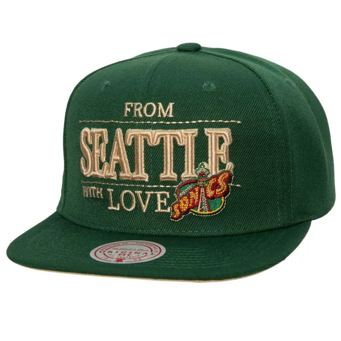 Mitchell and Ness With Love Snapback HWC Seattle Supersonics Men Hats and Headwear Mitchell and Ness With Love Snapback HWC Seattle Supersonics Men Hats and Headwear