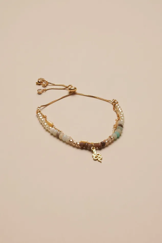 Neutral Stone And Beaded Bracelet W Pendants Gold Women Lucky Brand Jewelry