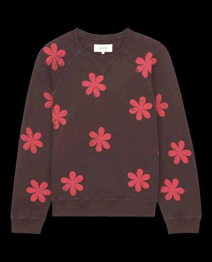 Novelty Tees and Sweats Women The Great The Hand Stamped Slouch Sweatshirt Mocha With Hot Red Daisy Novelty Tees and Sweats Women The Great The Hand Stamped Slouch Sweatshirt Mocha With Hot Red Daisy