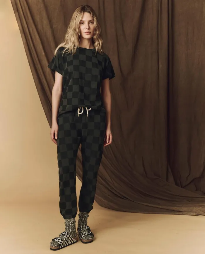 Pants Women The Great The Hand Stamped Stadium Sweatpant Washed Black With Black Check Pants Women The Great The Hand Stamped Stadium Sweatpant Washed Black With Black Check