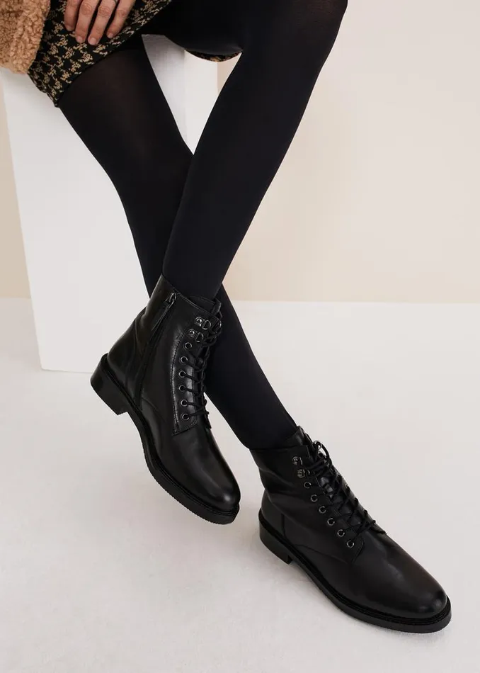 Phase Eight Boots Lace Up Leather Flat Boots Black 8211 Women