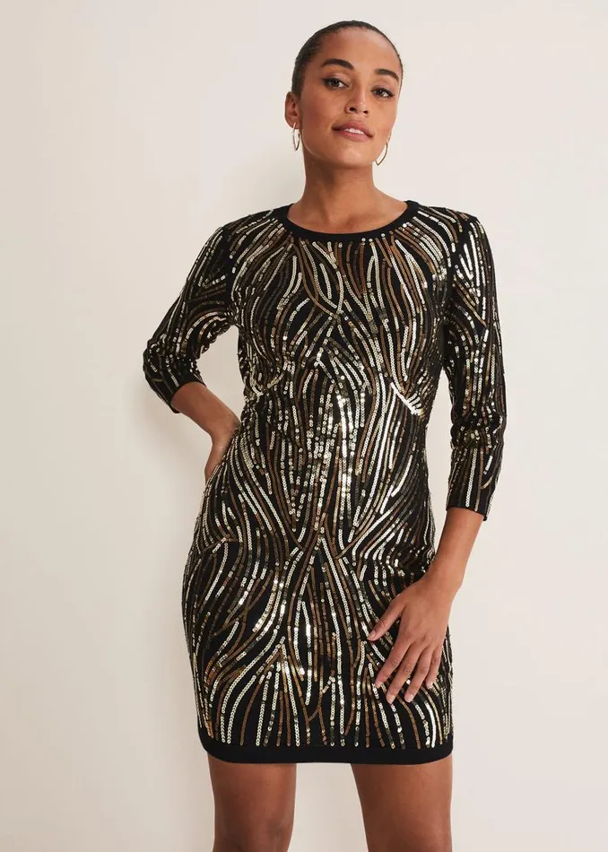 Phase Eight Dresses Anisa Open Back Sequin Knit Dress Blackgold 8211 Women