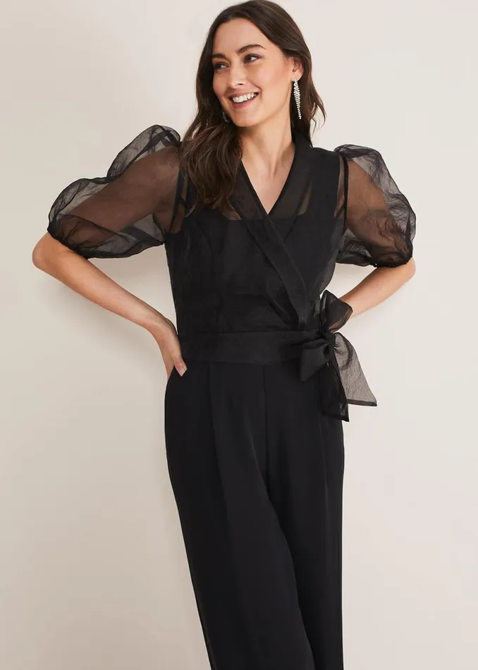 Phase Eight Dresses Brontie Puff Sleeve Wide Leg Jumpsuit Black 8211 Women