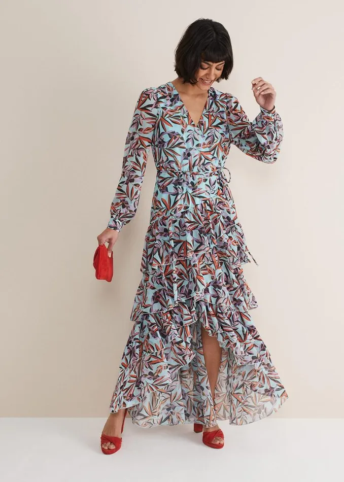 Phase Eight Dresses Jada Leaf Print Tiered Maxi Dress Aquamulti 8211 Women
