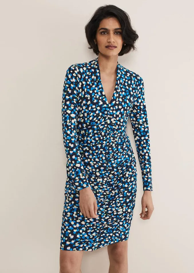 Phase Eight Dresses Juno Ruched V Neck Dotty Bodycon Dress Blue Multi 8211 Women