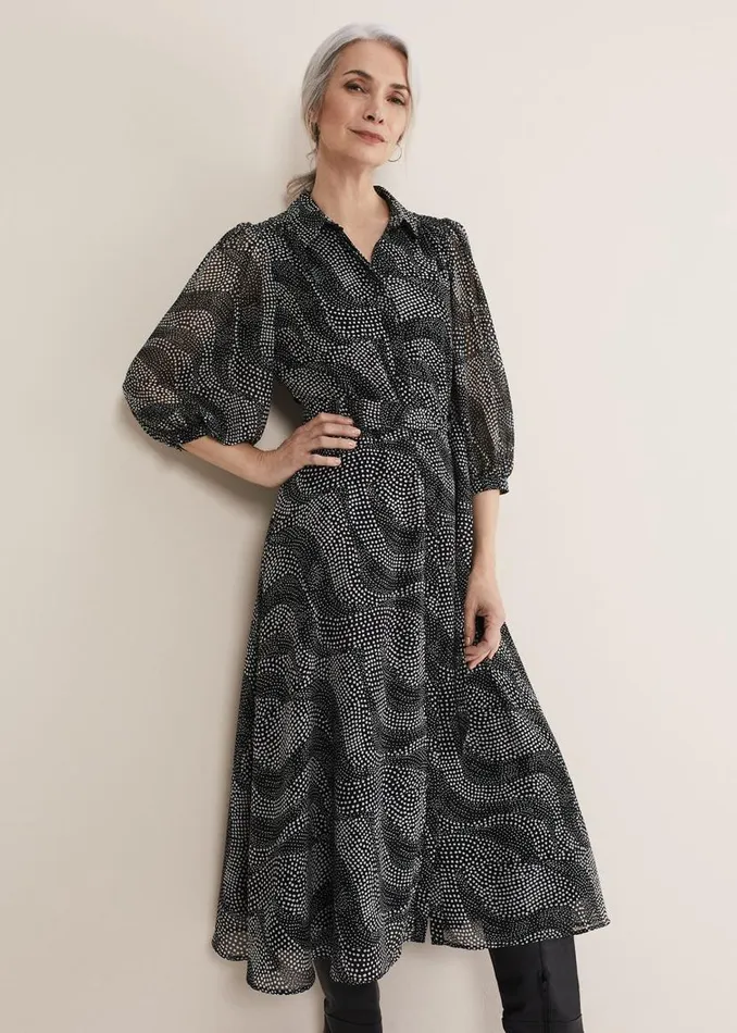 Phase Eight Dresses Miriam Chiffon Shirt Midi Dress Blackivory 8211 Women
