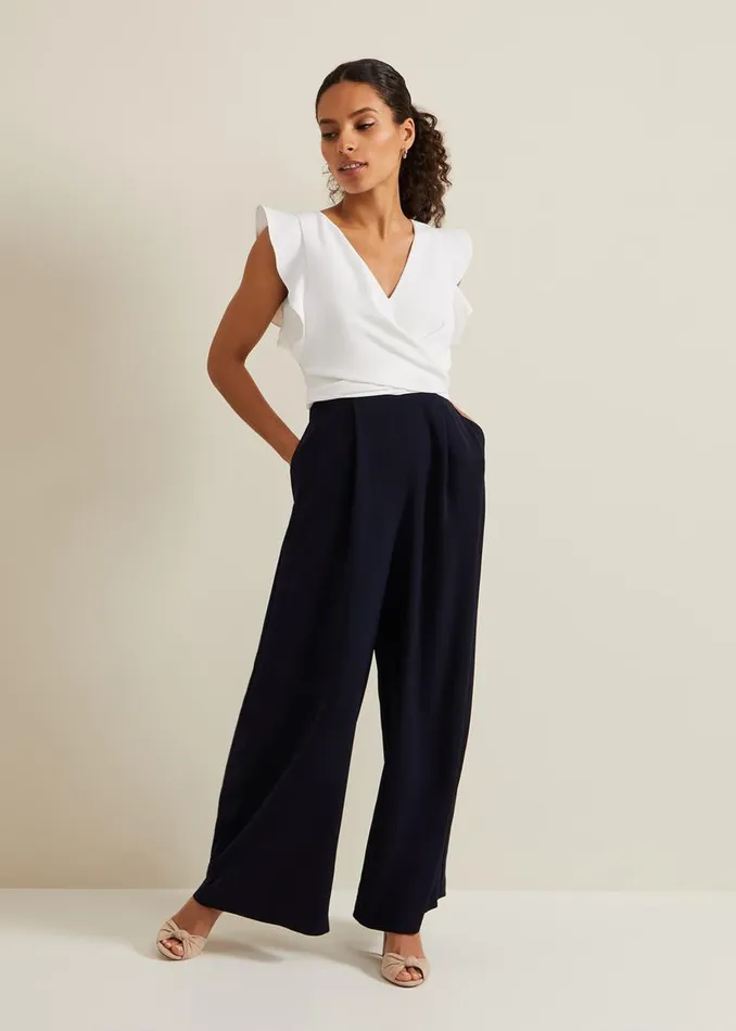 Phase Eight Dresses Petite Ayla Ruffle Colourblock Jumpsuit Navyivory 8211 Women