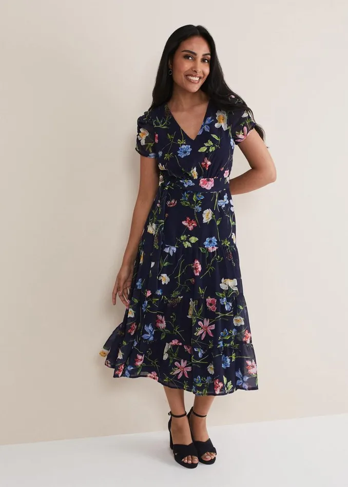 Phase Eight Dresses Petite Lola Floral Tiered Midi Dress Navymulti 8211 Women