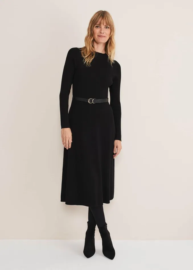 Phase Eight Dresses Reese Ribbed Maxi Belted Knit Dress Black 8211 Women