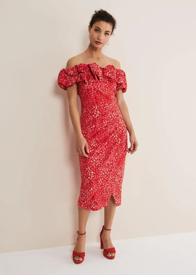 Phase Eight Dresses Senita Off Shoulder Ditsy Dress Redmulti 8211 Women
