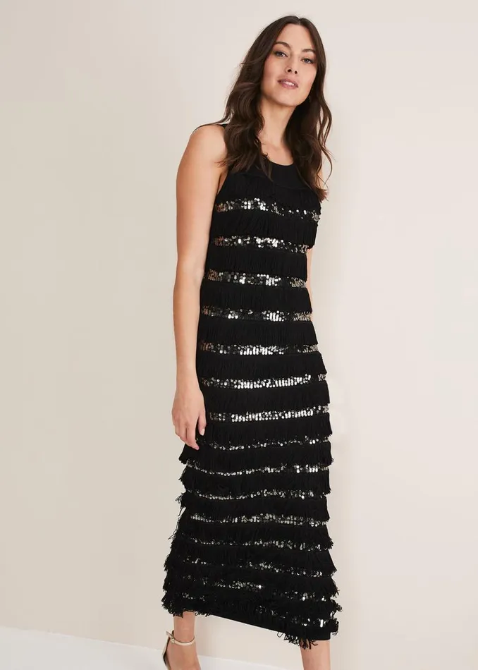 Phase Eight Dresses Sofianne Fringe Maxi Dress Blackpewter 8211 Women
