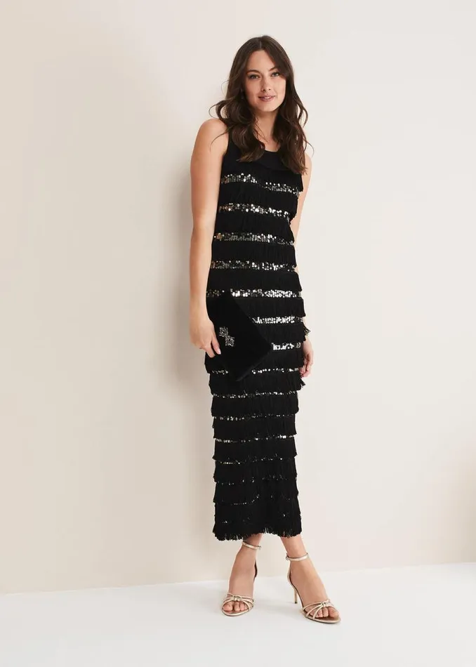 Phase Eight Dresses Sofianne Fringe Maxi Dress Blackpewter 8211 Women