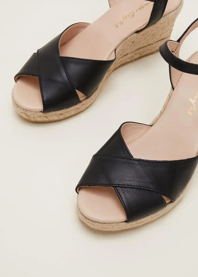 Phase Eight Heels Leather Cross Front Espadrilles Black 8211 Women